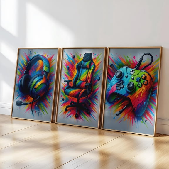 UNFFRAMED Colourful Gamer Wall Art Set, Headset, Chair & Controller Posters, Gaming Room Decor Set 3 Prints 8x12