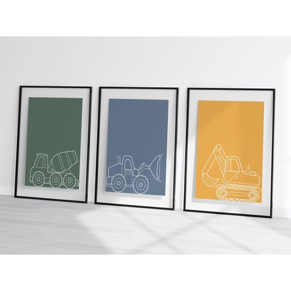 UNFFRAMED Construction Vehicle Prints, Minimalist Nursery Wall Art Set Set 3 Prints 20x30