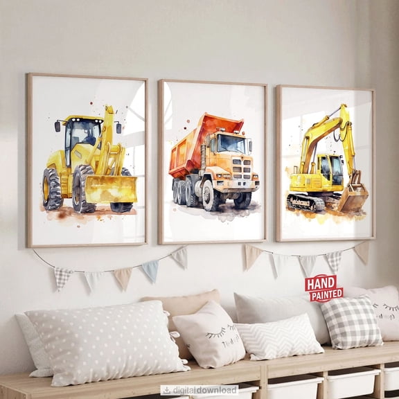 UNFFRAMED Construction Vehicle Truck Wall Art Posters, Car Transportation For Boy Nursery Decor Set Of 3, Set 3 Prints 20x30