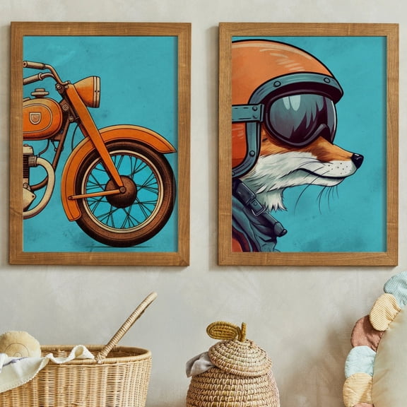 UNFFRAMED Cool Boys Room Vintage For Boy'S Bedroom Or Playroom Set Of 3, Fox Driving Motorbike, Vehicle Nursery Art, Modern Wall Decor Set 2 Prints 12x18