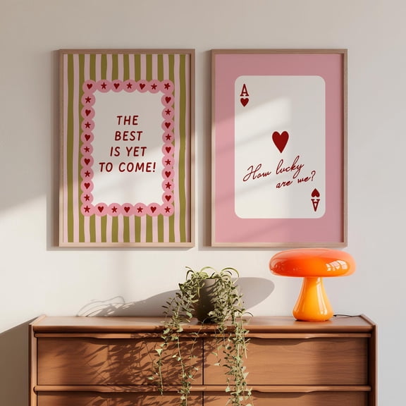UNFFRAMED Coquette Pink Wall Art Set, Retro Motivational Prints, How Lucky Are We Poster, The Best Is Yet To Come Art, Dopamine Decor Bundle Set 2 Prints 16x24