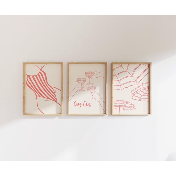 UNFFRAMED Coral Seaside Art Print Set, Preppy Italian Summer Gallery Set 3 Prints 20x30