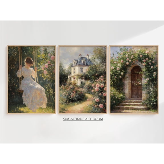 UNFFRAMED Country Rose Garden Print Victorian Swing Girl Wall Art Printable, Vintage Botanical Prints Farmhouse Cottagecore Wall Decor SS16| Set 3 Prints 16x24