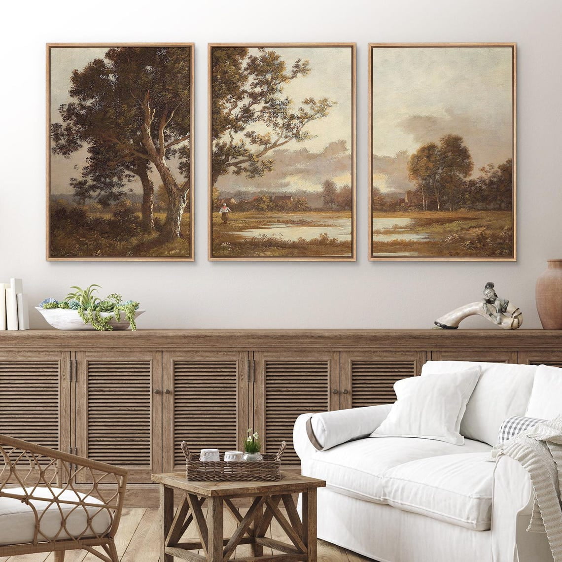 UNFFRAMED Countryside Wall Art Set Of 3, Vintage Landscape, Rustic ...