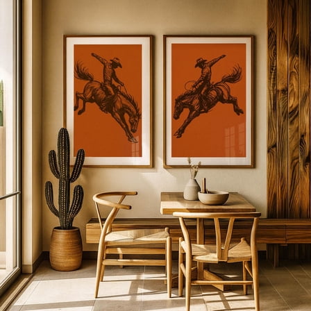 UNFFRAMED Cowboy Bucking Horse Poster Set, Western Wall Art In Burnt Orange, Western Room Decor, Fine Art Ink Illustrations, Rustic Desert Decor, Set 2 Prints 8x12