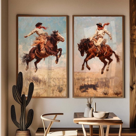 UNFFRAMED Cowboy Riding Bronco Art Poster Set, Vintage Western Rodeo Posters Set 2 Prints 20x30