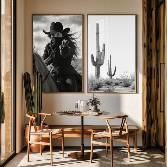 UNFFRAMED Cowgirl Outlaw & Saguaro Cactus Poster Set, Desert Southwest Wall Art Set 2 Prints 16x24