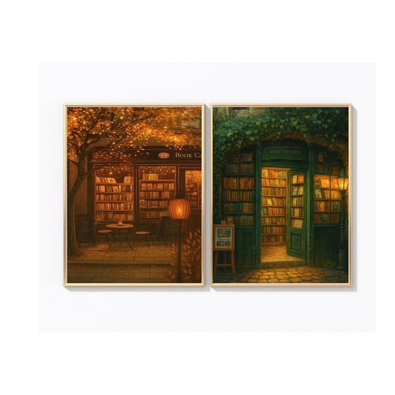UNFFRAMED Cozy Bookshop Poster Set, Autumn Reading Cafe Decor Set 2 Prints 12x18