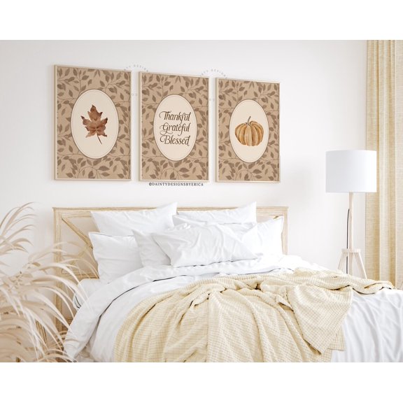 UNFFRAMED Cozy Fall Posters Set, Rustic Fall Art, Thankful Grateful Blessed, Neutral Autumn Art, Autumn Leaves Pumpkin Poster, Cottagecore Fall Art Set 3 Prints 8x12