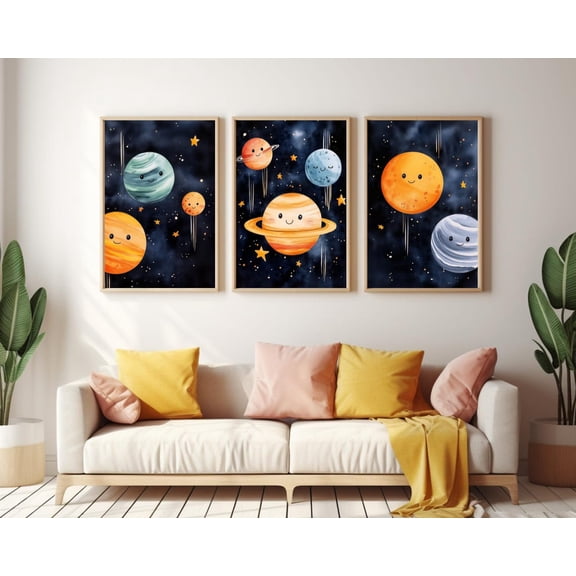 UNFFRAMED Cute Planets Poster, Set Of 3, Space Nursery Art, Nursery Decor, Room Art, Childrens Room Poster, , Universe Classroom Set 3 Prints 12x18
