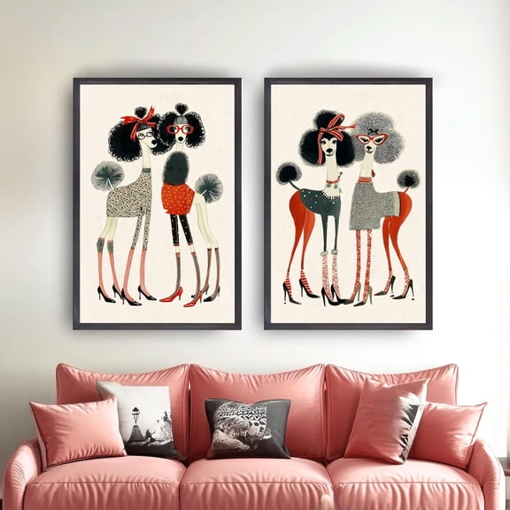 UNFFRAMED Cute Poodle Wall Art Set, Retro Chic Dog Posters For Stylish Home Decor Set 2 Prints 12x18