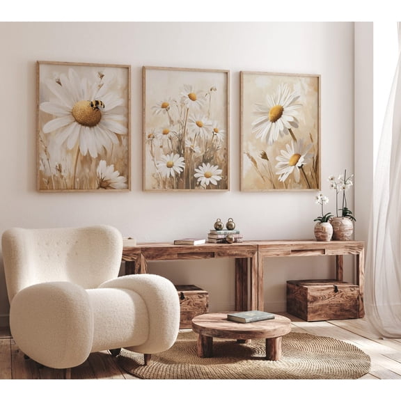 UNFFRAMED Daisies Wall Art Summer Posters Set Vintage Daisy Wall Decor Muted Beige Yellow Flower Beach Home Gallery Wall Bundle Set 3 Prints 20x30