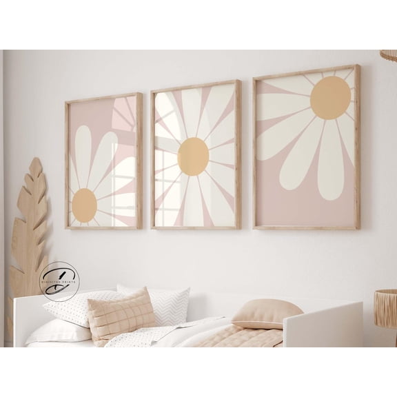 UNFFRAMED Daisy Wall Art, Girls Boho Print, Baby Girl Nursery, Blush Pink Nursery Art, Girls Room Decor, Sisters Room Prints, Preppy Wall Art, Set 3 Prints 16x24