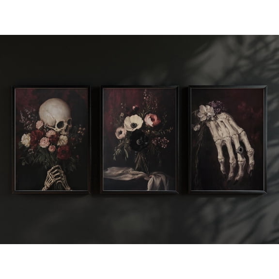 UNFFRAMED Dark Academia Skull Floral Art Posters, Gothic Gallery Wall Set Set 3 Prints 16x24