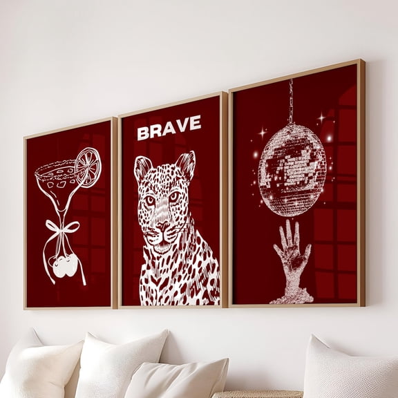 UNFFRAMED Dark Red Set Of 3 Piece Wall Art, Trendy Posters, Y2K Fashion Decor, Red Leopard Poster, Girly Wall Art Aesthetic Dorm Apartment Room Decor Set 3 Prints 12x18