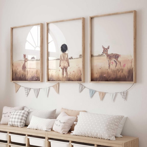 Luvia Deer Nursery Decor, Forest Animal Nursery Art, Set Of 3, Deer & Bunny, Girl'S Room Decor, Wildflowers, Girl, Modern Wall Decor Set 3 Prints 8x12 UNFRAMED