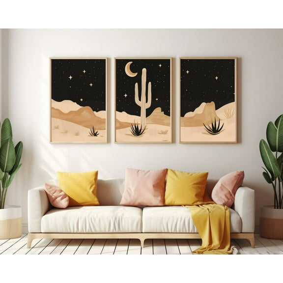 UNFFRAMED Desert Landscape Poster, Set Of 3, Saguaro Cactus And Crescent Moon Wall Art, Southwest Nature Decor, Minimalist Poster, Boho Art Set 3 Prints 8x12