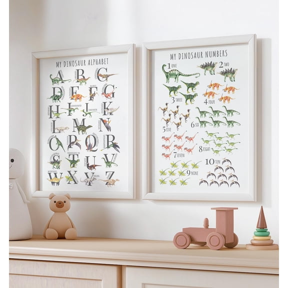 UNFFRAMED Dinosaur Alphabet & Numbers Wall Art, Dino Abc Room Decor, , Set 2, 02A Set 2 Prints 8x12