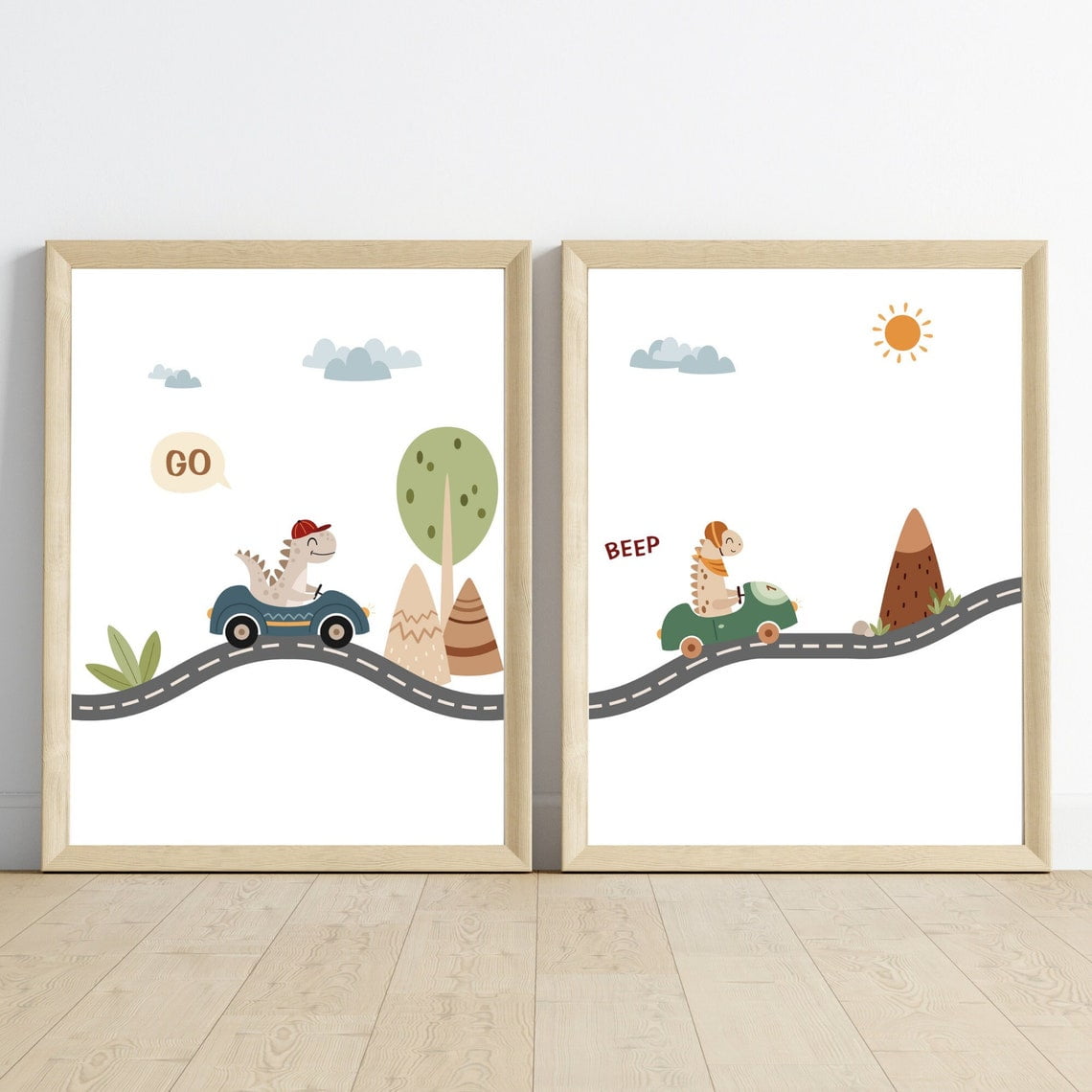 UNFFRAMED Dinosaur Car Print, Toy Racing Cars, Boys Room Prints, Boho Dinosaur, s, Cute Fun, Nursery Poster, Muted Colors Set 2 Prints 12x18
