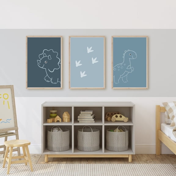 UNFFRAMED Dinosaur Nursery Art Prints, Blue Dino Decor Set Set 3 Prints 20x30