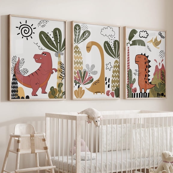 UNFFRAMED Dinosaur Nursery Art Set, Room Decor, Dino Prints Set 3 Prints 20x30