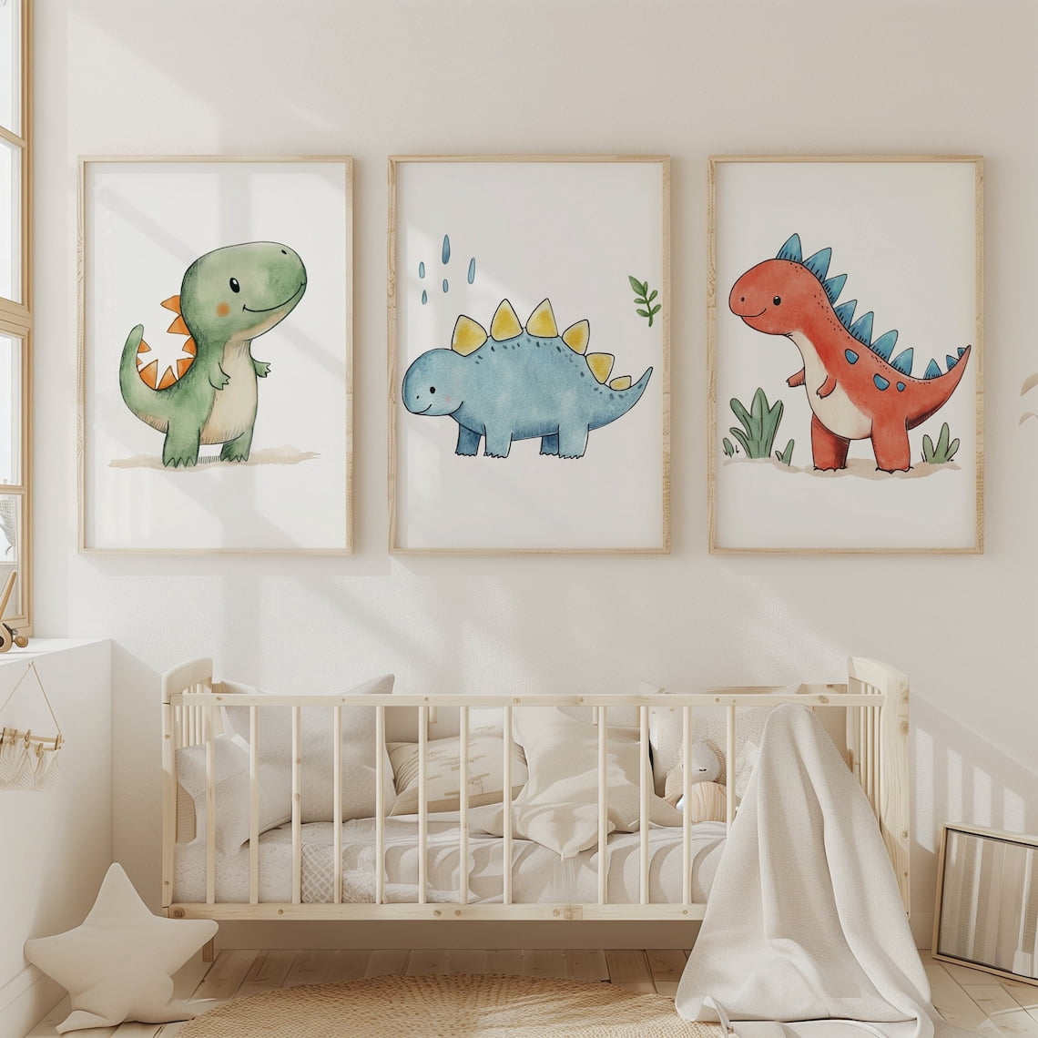 UNFFRAMED Dinosaur Nursery Wall Art Set, Cute Dinosaur Art, Dino Art, Cute Dino Posters, Baby Boy Nursery, Dino Nursery Decor Set 3 Prints 12x18