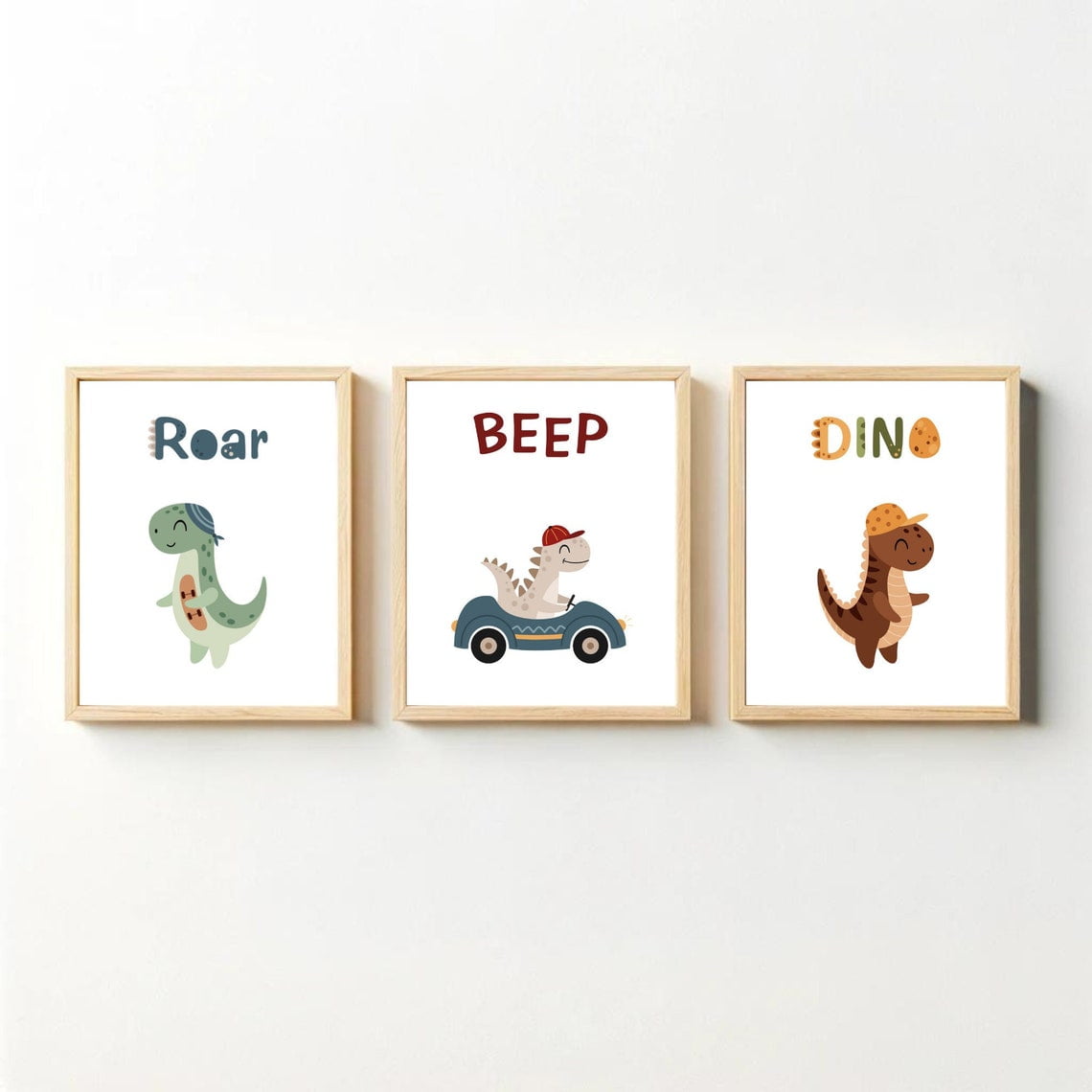 UNFFRAMED Dinosaur Prints, Toy Racing Cars, Boys Room Prints, Boho Dinosaur, s, Cute Fun, Nursery Poster, Muted Colors Set 3 Prints 12x18