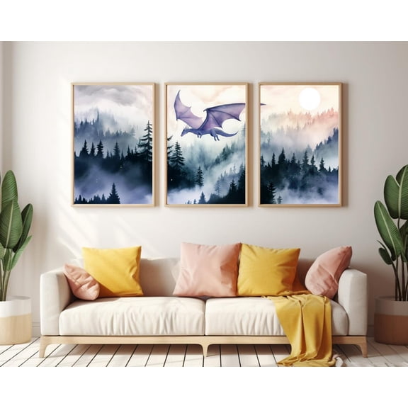 UNFFRAMED Dragon Forest Poster, Set Of 3, Fantasy Landscape Wall Art, Mystical Woods Decor, Mythology Poster, Magical Nature Artwork Set 3 Prints 20x30