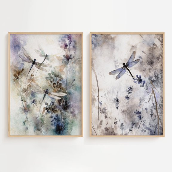 UNFFRAMED Dragonfly Poster Set, Lavender Floral Wall Art Set 2 Prints 20x30