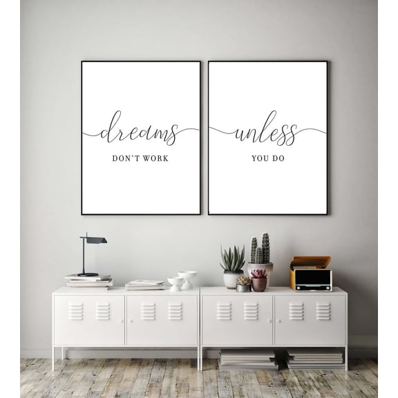 UNFFRAMED Dreams don't work unless you do,Office Decor,Office wall art,Printable Quotes,Office sign,Cubicle,office,Dorm decor,Dorm wall art, Set 2 Prints 12x18