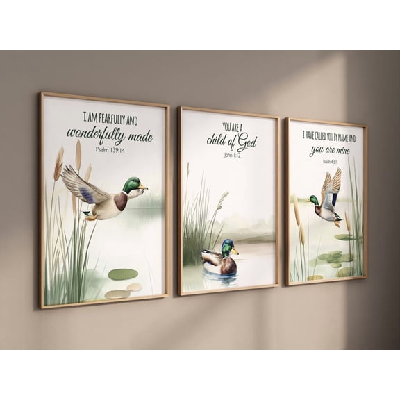 UNFFRAMED Duck Wall Art Set Of 3, Bible Verse Prints With Mallard Ducks, Christian Nature Nursery Or Rustic Cabin Decor, Room Decor, Baby Room #106 Set 3 Prints 16x24