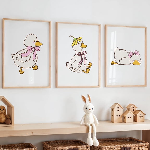 UNFFRAMED Duck Wall Art Set Of 3, Farm Animal Decor, Duckling Poster, Baby Duck Posters, Duck Baby Room, Pink Bow Posters, Scandinavian Duck Nursery Set 3 Prints 20x30