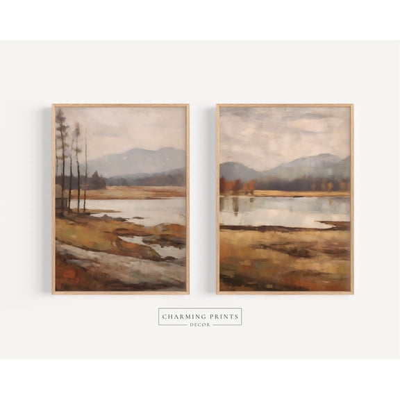 UNFFRAMED Earth Tone Farmhouse Wall Art Neutral Mountain Landscape Art Print Beige Art Print Forest Print Rust Colored Art Set Of 2 Printed Vps5- Set 2 Prints 20x30