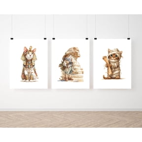 UNFFRAMED Egypt Cat Wall Art Set, Pharaoh, Mummy & Sphinx Explorer, Egyptian Decor Set 3 Prints 16x24