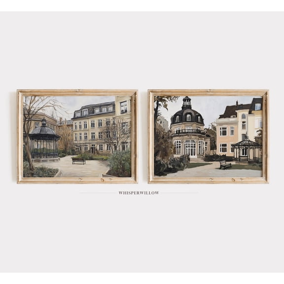UNFFRAMED Elegant European Architecture Park Scene Set Of Two 2, Historic Serene, Vintage City Wall Decor Set 2 Prints 12x18