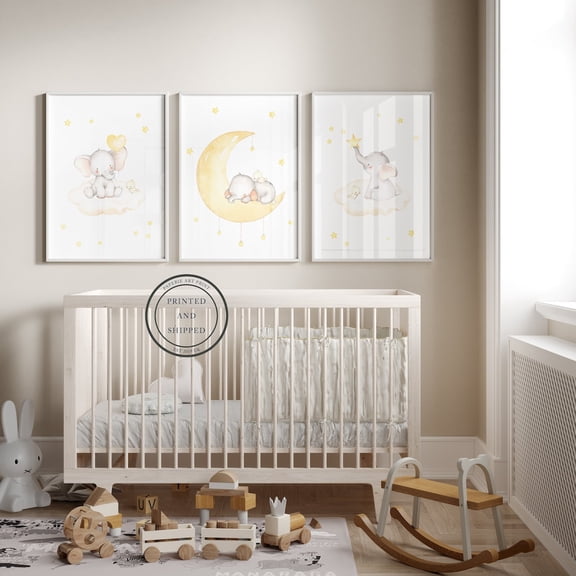 UNFFRAMED Elephant Poster, Elephant Art, Animal Nursery Decor, Nursery Wall Art, Moon And Stars, Nursery Elephant Posters, Baby Decor, Set Of 3 Set 3 Prints 20x30