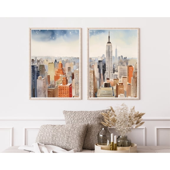 UNFFRAMED Empire State Poster, Set Of 2, Nyc Cityscape Wall Art, Manhattan Skyline Decor, New York Travel Poster, Urban Architecture Artwork Set 2 Prints 16x24