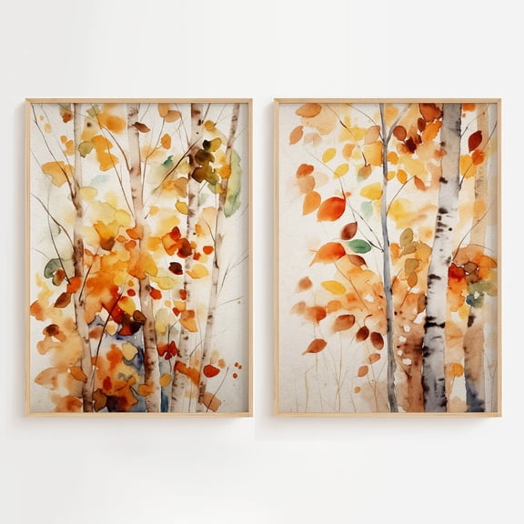 UNFFRAMED Fall Birch Set Of 2 Posters Aspens Wall Art Autumn Landscape Fall Leaves Artwork Set 2 Prints 16x24