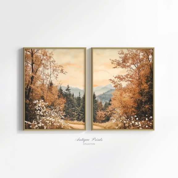 UNFFRAMED Fall Forest 2 Pieces Wall Art, Mountain Landscape Set Split Posters, Autumn Countryside, Rustic Farmhouse Decor Set 2 Prints 12x18