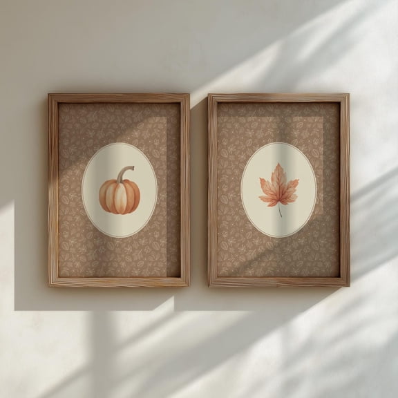 UNFFRAMED Fall Prints, Autumn leaves Pumpkin Printable Art, Mocha Mousse Prints, Cottagecore Decor Vintage Floral Wall Art, Set 2 Prints 8x12