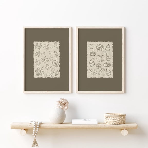 UNFFRAMED Fall Prints, Autumn leaves Vintage Printable Art, Olive Green Prints, Cottagecore Decor Vintage Floral Wall Art, Set 2 Prints 12x18