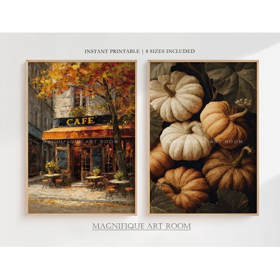 UNFFRAMED Fall Pumpkin & Paris Cafe Wall Art Set, Rustic French Country Kitchen Prints Printable, Autumn Farmhouse Wall Decor SS22| Set 2 Prints 12x18