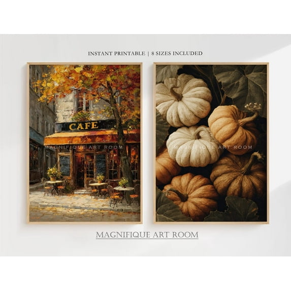 UNFFRAMED Fall Pumpkin & Paris Cafe Wall Art Set, Rustic French Country Kitchen Prints Printable, Autumn Farmhouse Wall Decor SS22| Set 2 Prints 8x12