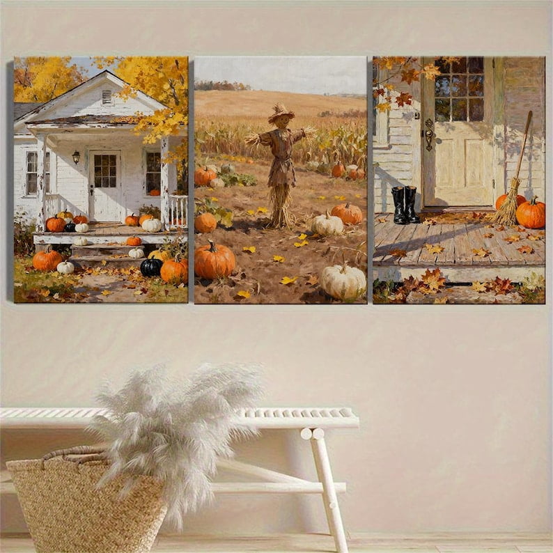 UNFFRAMED Fall Pumpkin Porch Wall Art Set, Rustic Farmhouse Autumn ...