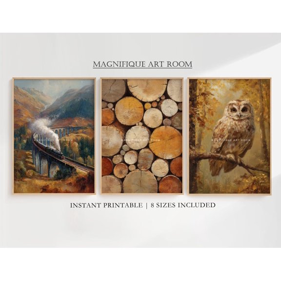 UNFFRAMED Fall Wall Art, Rustic Train, Forest Owl, Wood Slice Prints (Printable, ) SF2 Set 3 Prints 12x18