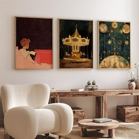 Luvia Fantasy Night Prints Set Of 3 Posters - Magical Carousel, Starry Night Reading Art And Astronomy, Modern Wall Decor Set 3 Prints 8x12 UNFRAMED