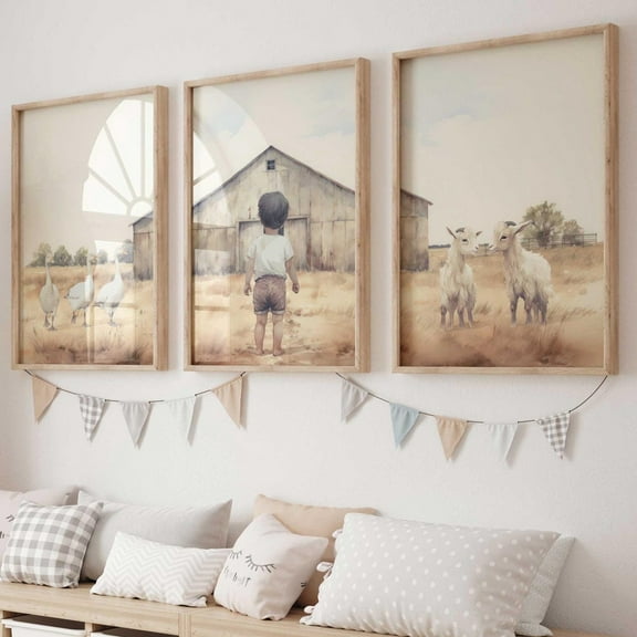 Luvia Farm Nursery Decor Set Of 3, Farm Animal Nursery Decor, Farmhouse Nursery, Goats & Geese Boys Room, Countryside Art, Boy, Modern Wall Decor Set 3 Prints 8x12 UNFRAMED