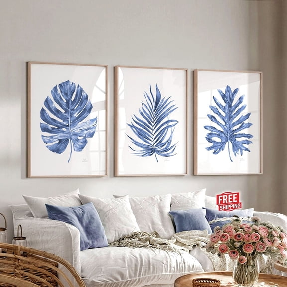 UNFFRAMED Farmhouse Wall Decor Living Room Decor, Hawaiian Art, Monstera Leaf Print Above Bed Decor Navy Blue Wall Art Bedroom Wall Decor Over The Bed Set 3 Prints 20x30