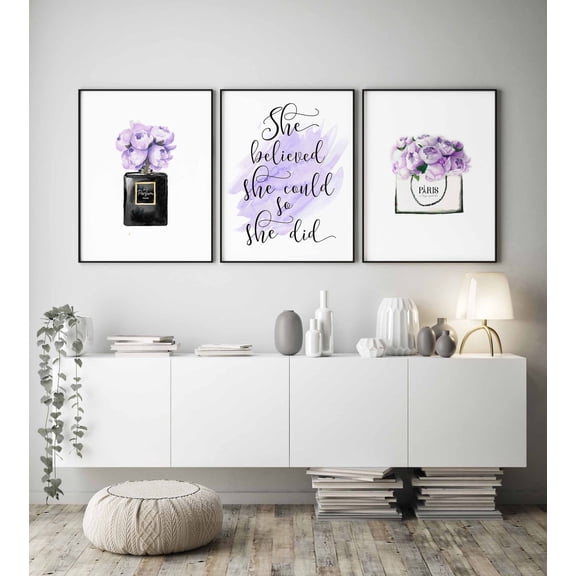 UNFFRAMED Fashion wall art,Purple bedroom decor,Purple wall art,She believed quote,Girls bedroom art,prints,Bedroom Wall Decor,Peony print Set 3 Prints 8x12