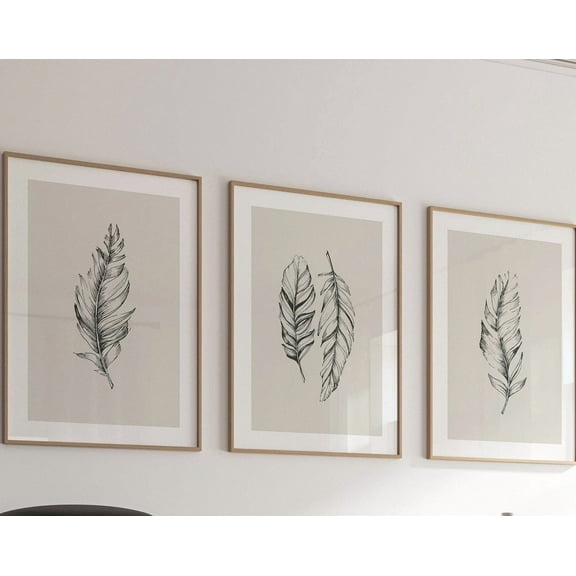 Luvia Feather Print Set Of 3 Minimal Feather Decor Beige Living Room Decor, Modern Wall Decor Set 3 Prints 8x12 UNFRAMED